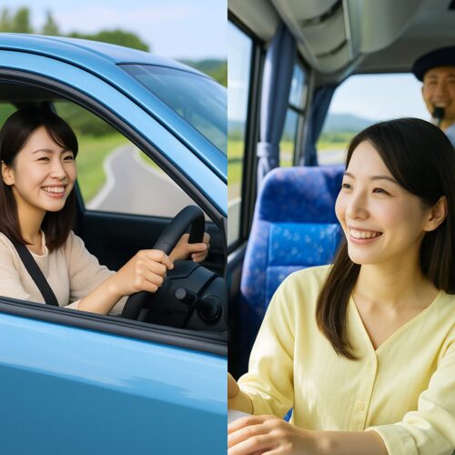 自分で運転している女性と、観光バスに乗って旅する女性の画像