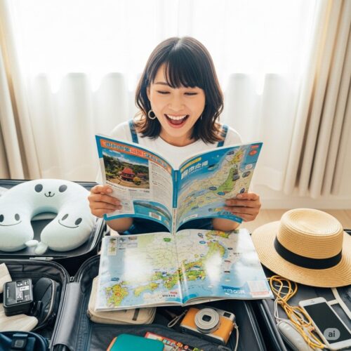 ワクワクしながら旅先の地図を見ている女性