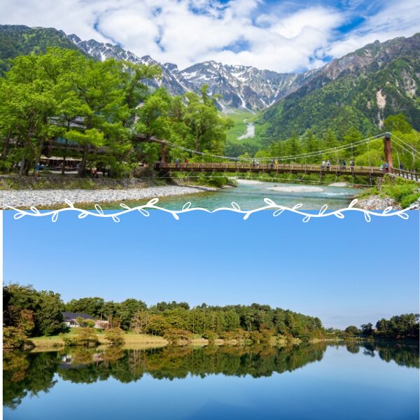 長野県上高地の明神池と穂高連峰と河童橋の絶景