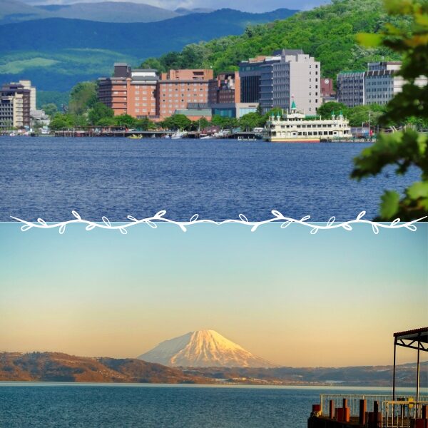 北海道の洞爺湖温泉風景と洞爺湖からの羊蹄山