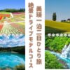 美瑛の美景スポットである四季彩の丘、ケンとメリーの木、青い池、白ひげの滝の鮮やかな画像が入ったアイキャッチ画像