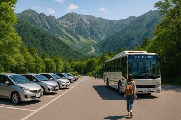 駐車場に止めてある車。観光に来ている女性がシャトルバスに向かって歩いている様子。