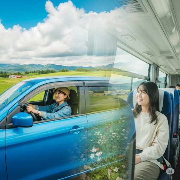 レンタカーで旅する女性と公共交通で旅をする女性