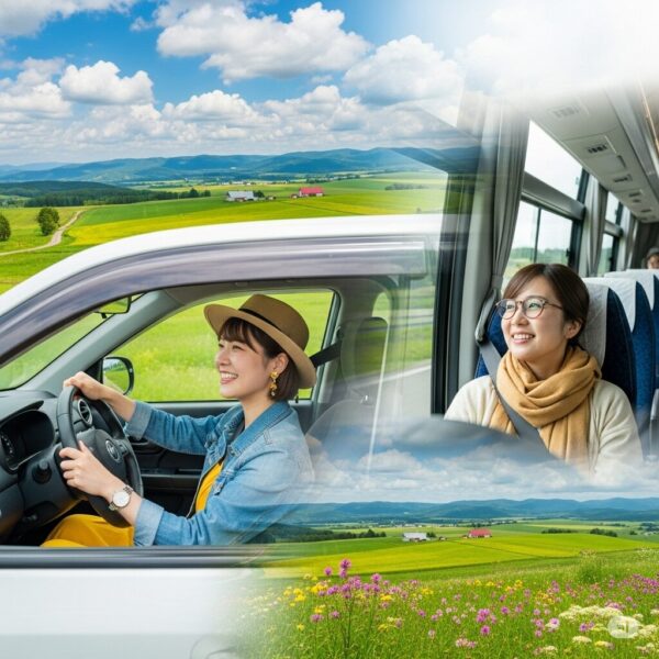 自分で運転して楽しそうに観光する女性と、バスに乗って観光する女性の画像