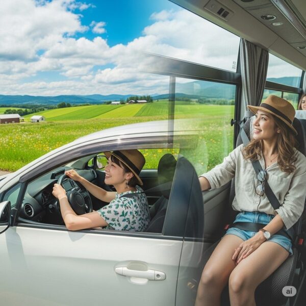 運転しながら観光する女性と観光バスに揺られながら観光する女性の画像