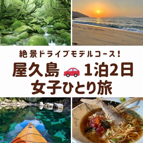 屋久島の女子旅を象徴する、白谷雲水峡の苔むす森、永田いなか浜の夕景、安房川でのカヌー、トビウオ料理の画像