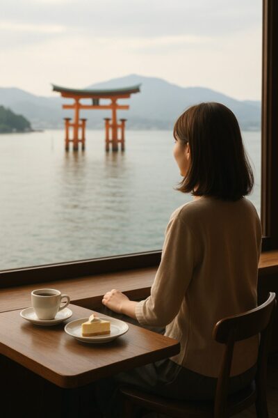 厳島神社の大鳥居が見えるカフェで海を見ながらくつろぐ女性の画像