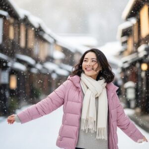 冬の日本をダウンジャケットを着て楽しそうに旅をしている女性