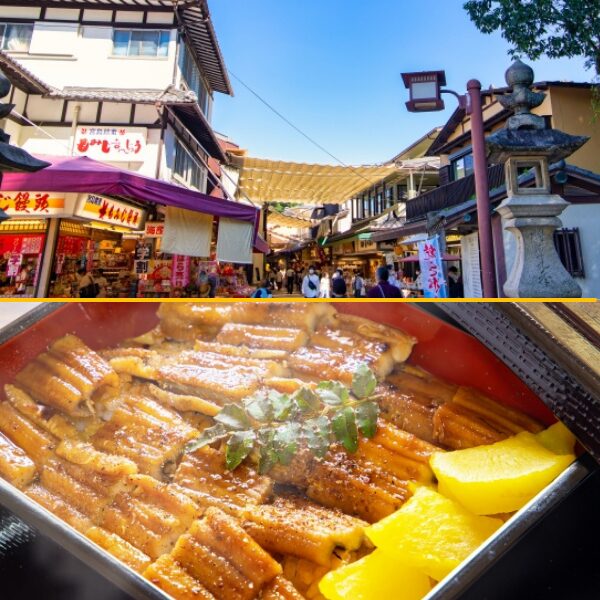 あなごめしの美味しそうな画像と、宮島の表参道商店街の風景