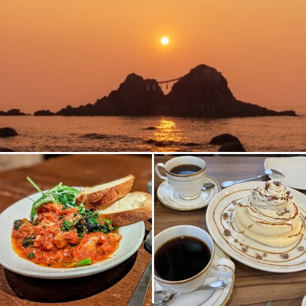 糸島の桜井二見ヶ浦の夕景と、おしゃれなカフェランチの画像