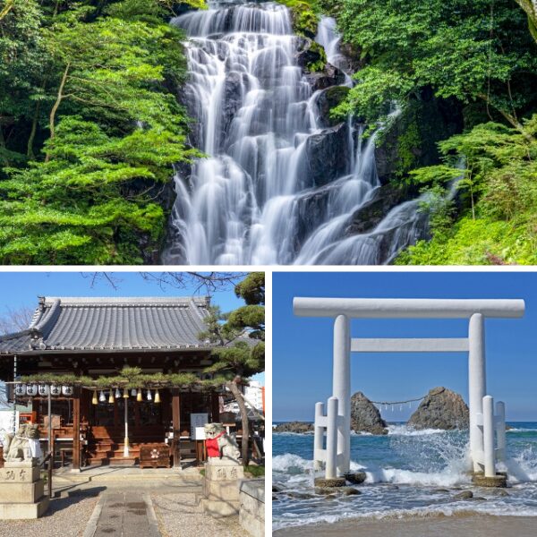 糸島にある白糸の滝の絶景と櫻井神社＆夫婦岩と櫻井神社の白い鳥居の画像