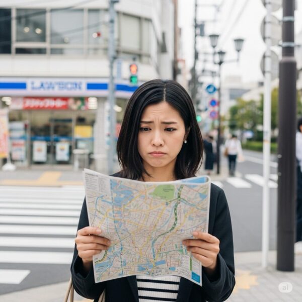 街中で地図を見ながら迷っている女性の画像
