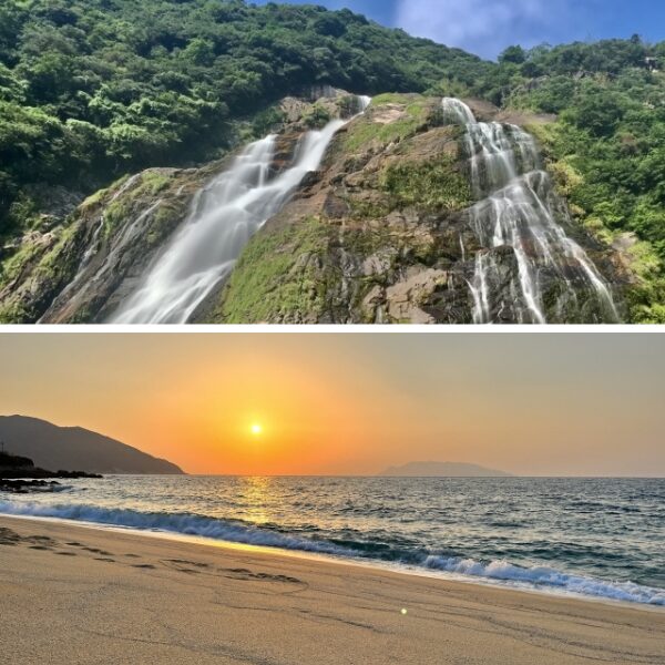 屋久島の大川の滝の迫力ある風景と、永田いなか浜の美しい夕景の画像