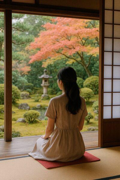 京都の寺院の縁側で庭を眺めてくつろぐ女性の後ろ姿