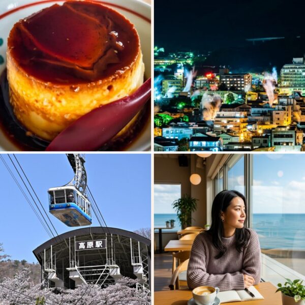 別府の観光スポット。岡本屋売店の地獄蒸しプリン、湯けむり展望台からの夜景、鶴見岳のロープウェイ、おしゃれなカフェなど、旅の魅力が伝わる画像