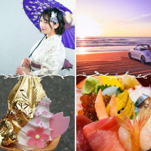 金沢観光の魅力が伝わる画像。着物姿の女性、海鮮丼、金箔ソフトクリーム、千里浜なぎさドライブウェイの夕景