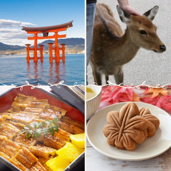 宮島の観光スポット。人力車、あなごめし、もみじ饅頭、鹿など、旅の魅力が伝わる画像