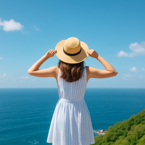海が見える高台で観光を満喫している女性の後ろ姿の画像