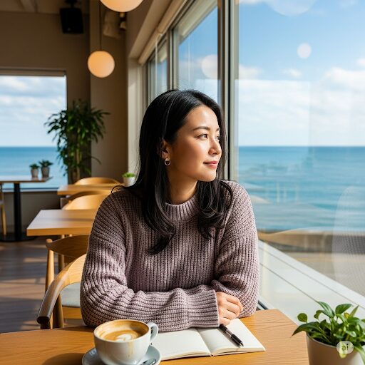 カフェでくつろぐ女性の画像