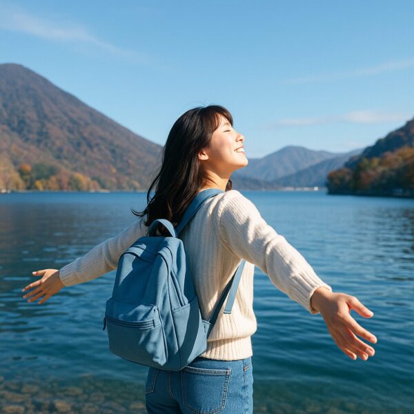 中禅寺湖畔で深呼吸する女性の後ろ姿。