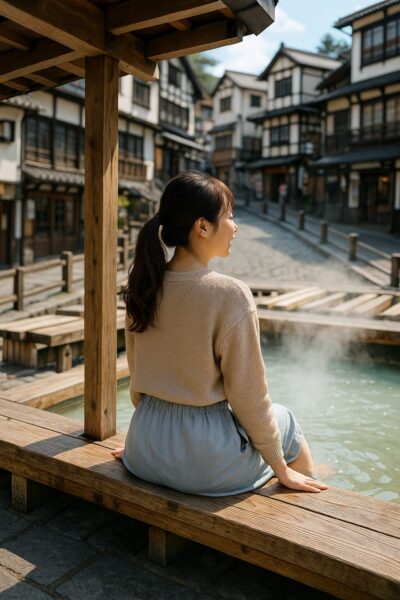温泉街を散策し、足湯でリラックスする女性の後ろ姿。