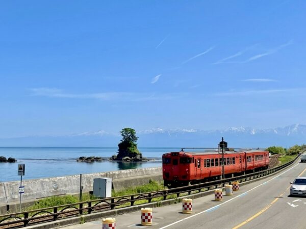 雨晴海岸から望む立山連峰とJR氷見線