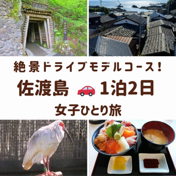 佐渡島の観光スポット。佐渡金山、トキ、宿根木の町並み,海鮮丼の画像