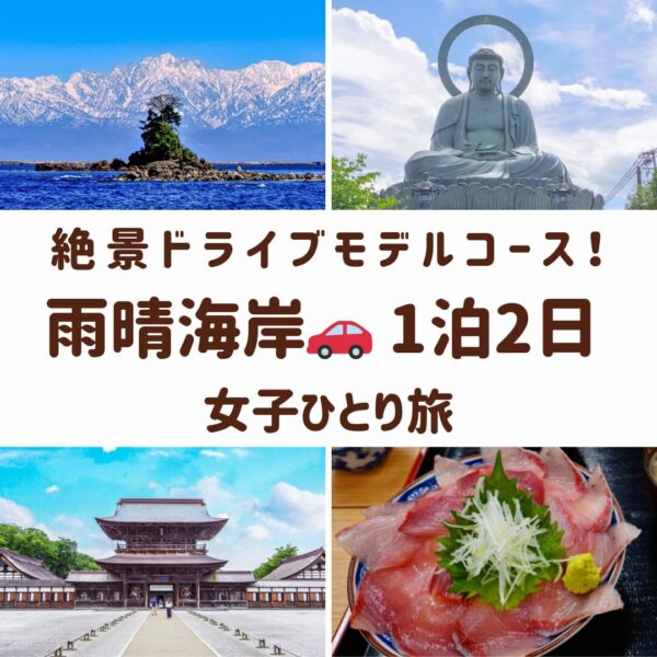 富山県雨晴海岸の観光スポット。雪を冠る立山連峰と女岩、ブリの海鮮丼、瑞龍寺、高岡大仏の画像