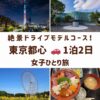 東京都心の観光スポット。東京スカイツリーの夜景、国立新美術館、葛西臨海公園の大観覧車、海鮮丼の画像