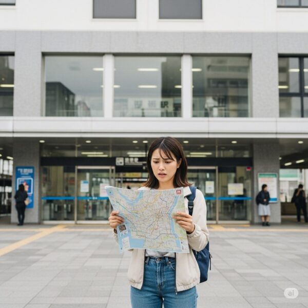 旅先で迷って地図を見ている女性