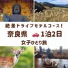 奈良県の観光スポット。東大寺大仏、奈良公園の鹿、曽爾高原のススキ、ならまちの古民家カフェの画像
