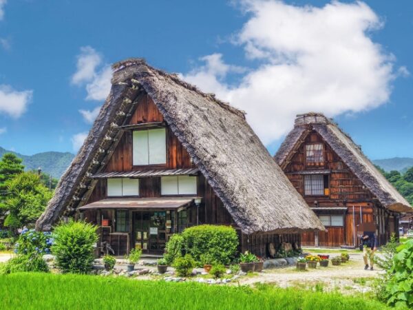 世界遺産の白川郷の藁ぶき屋根の建物
