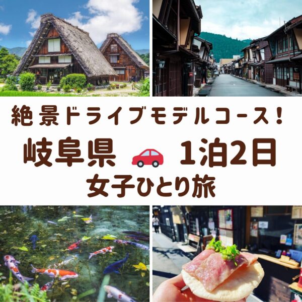 岐阜県の観光スポットである、白川郷、郡上八幡、モネの池と、牛寿司の画像