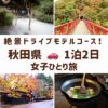 秋田県の乳頭温泉露天風呂、抱返り渓谷赤い岩橋、角館武家屋敷通り、比内地鶏親子丼の画像