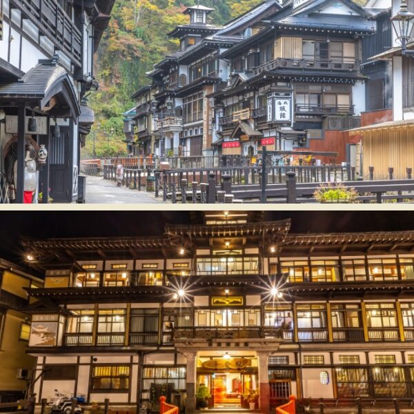 銀山温泉の昼と夜の風景