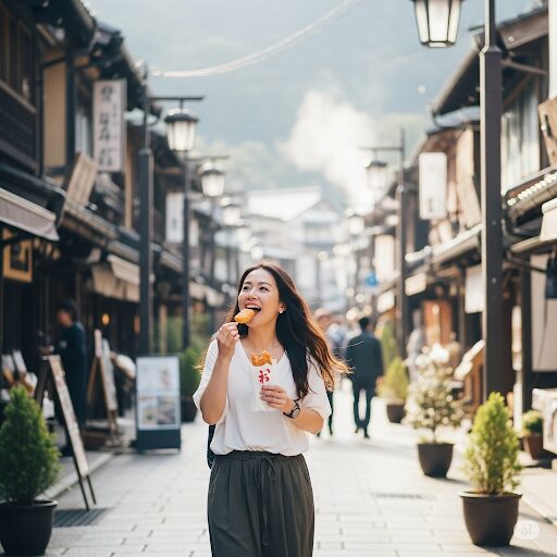 湯の坪街道で女性が食べ歩きしている風景