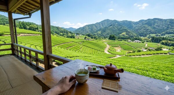 テラスから見た、嬉野の茶畑絶景