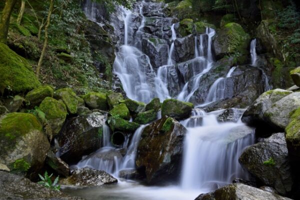 福岡県にある白糸の滝。緑と滝の涼しそうな風景。