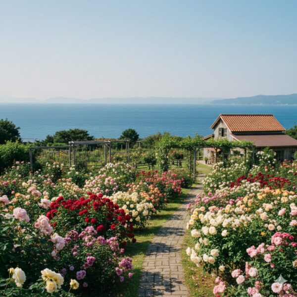 大神ファーム。別府湾が見え、バラが咲き誇り青空に映えている。