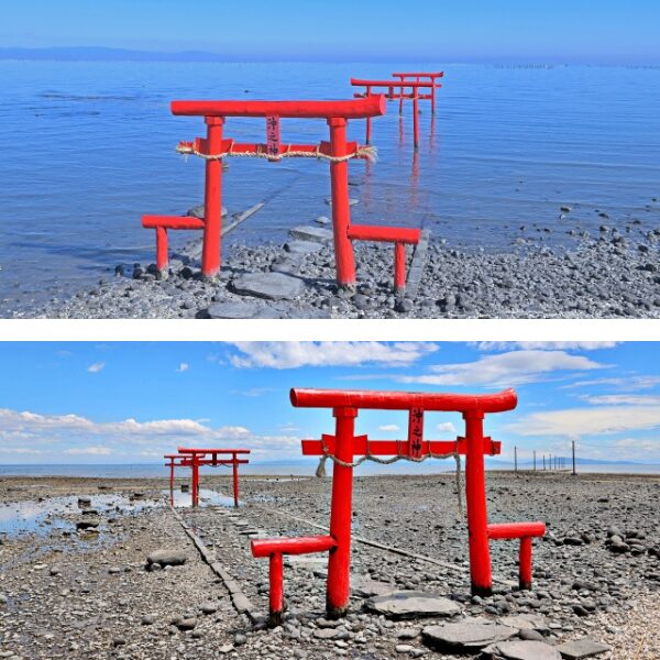 佐賀県の太良町にある海中鳥居の満潮時と干潮時の風景