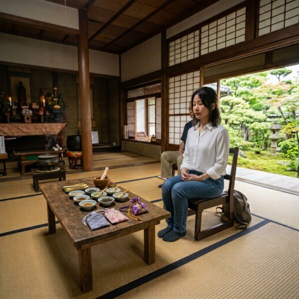 大分県日出町にある朝日寺での椅子座禅の風景イメージ