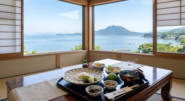 大分県日出町にある的山荘の城下かれいの刺身と窓からの風景イメージ