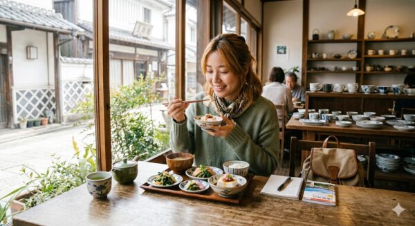 器カフェでランチをしている女性