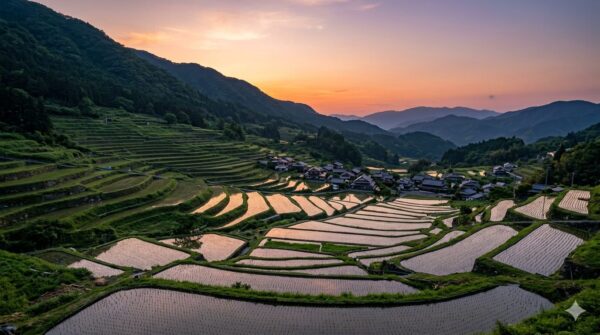 有田町の絶景。岳の棚田に映る夕陽