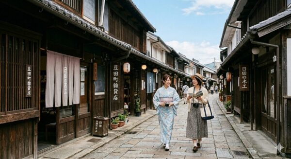 豆田町の建物と石畳を散策する女性二人。