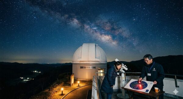 女性が男性と一緒に説明を受けながら星空観察をしている様子