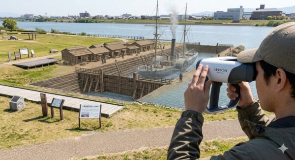 三重津海軍所跡。スコープで覗いたときの幕末の巨大ドックと蒸気船の風景イメージ。