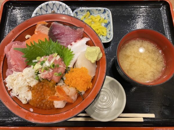色んな種類の海鮮が載った特盛海鮮丼