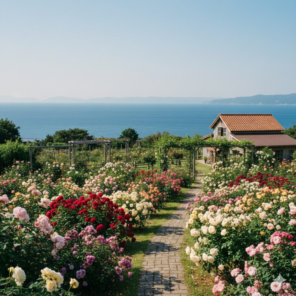 大分県日出町にある大神ファーム。海と薔薇の絶景！